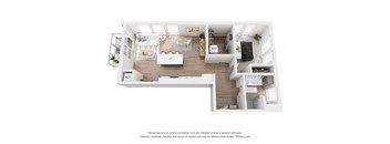 A 3D floor plan of a modern apartment with a kitchen, living room, and bedrooms.