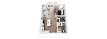 A 3D floor plan of a small apartment with a kitchen, living room, and bedroom.