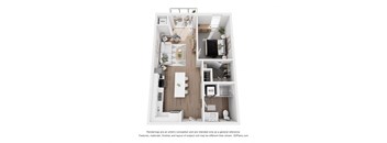 A 3D floor plan of a small apartment with a kitchen, living room, and bedroom.