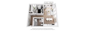A 3D floor plan of a small apartment with a kitchen, living room, and bathroom.