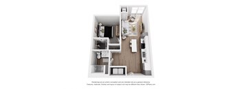 A 3D floor plan of a small apartment with a kitchen, living room, and bathroom.