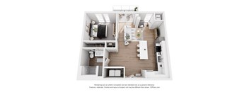A 3D floor plan of a small apartment with a kitchen, living room, and bedroom.