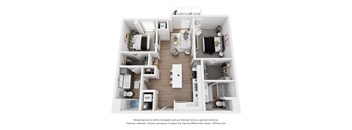 A 3D floor plan of a small apartment with a kitchen, living room, and bedrooms.
