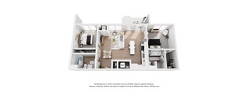 A 3D floor plan of a modern apartment with a living room, kitchen, and bedrooms.