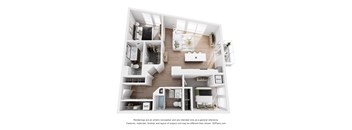 A 3D floor plan of a small apartment with a kitchen, living room, and bathroom.