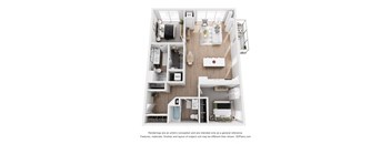 A floor plan of a small apartment with a kitchen, living room, and bathroom.