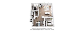A 3D floor plan of a small apartment with a kitchen, living room, and bathroom.