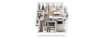 A 3D floor plan of a small apartment with a kitchen, living room, and bathroom.
