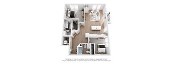 A 3D floor plan of a small apartment with a kitchen, living room, and bathroom.
