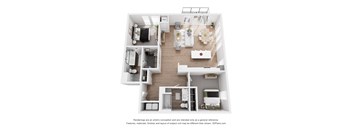 A 3D floor plan of a house with a kitchen, living room, dining room, and bedrooms.