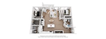 A 3D floor plan of a house with a kitchen, living room, and bathrooms.