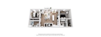 A 3D floor plan of a house with labeled rooms.