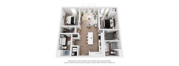 A 3D floor plan of a house with labeled rooms.