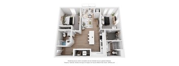 A 3D floor plan of a house with a kitchen, living room, and bathrooms.