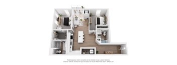 A 3D floor plan of a small apartment with a kitchen, living room, and bathroom.