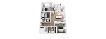 A floor plan of a small apartment with a kitchen, living room, and two bedrooms.