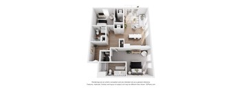 A 3D floor plan of a small apartment with a kitchen, living room, and bathroom.