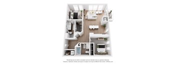 A 3D floor plan of a small apartment with a kitchen, living room, and bathroom.