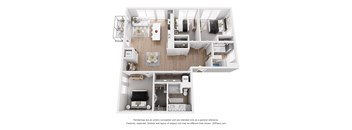 A 3D floor plan of a small apartment with a kitchen, living room, and bedroom.