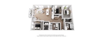 A 3D floor plan of a small apartment with a kitchen, living room, and bedrooms.