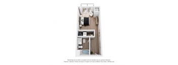 A floor plan of a small apartment with a kitchen, living room, and bathroom.