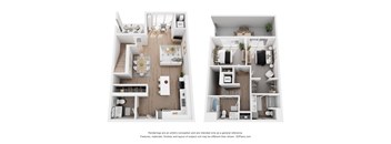 Two images of a floor plan of a house with a kitchen, living room, and bedrooms.