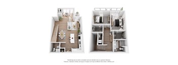 A floor plan of a two-story apartment with a living room, kitchen, and bedrooms.