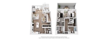 Two floor plan images of a house with a kitchen, living room, bedrooms and bathrooms.