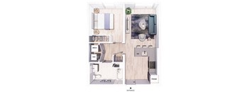 A floor plan of a small apartment with a kitchen, living room, and bathroom.