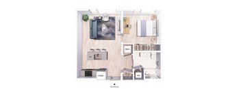 A floor plan of a small apartment with a kitchen, living room, and bathroom.