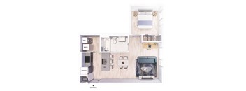 A floor plan of a small apartment with a kitchen, living room, and bathroom.