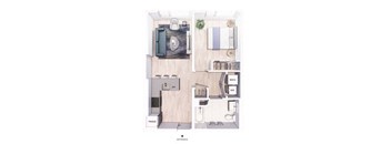 A floor plan of a small apartment with a kitchen, living room, and bathroom.