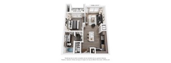A 3D floor plan of a small apartment with a kitchen, living room, and bathroom.