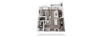 A 3D floor plan of a small apartment with a kitchen, living room, and bathroom.