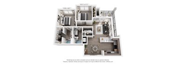 A 3D floor plan of a two-bedroom apartment with a living room, kitchen, and bathroom.