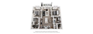A 3D floor plan of a house with a kitchen, living room, and two bedrooms.