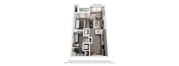A 3D floor plan of a small apartment with a kitchen, living room, and bathroom.