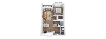 A floor plan of a small apartment with a living room, kitchen, and bathroom.
