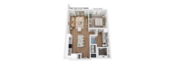 A top-down view of a small apartment with a living room, kitchen, and bathroom.