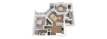 A 3D floor plan of a house with a living room, kitchen, and two bedrooms.