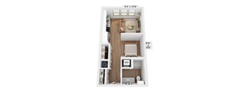 A floor plan of a small apartment with a kitchen, living room, and bathroom.