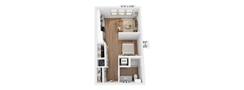 A floor plan of a small apartment with a kitchen, living room, and bathroom.