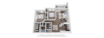 a stylized 3d floor plan with a bedroom and living room
