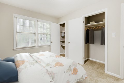a bedroom with a bed and a closet