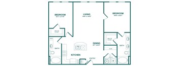 A floor plan of a home with two bedrooms, a living room, a dining room, a kitchen, a bathroom, and a pantry.