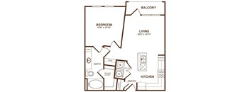 A floor plan of a home with a bedroom, living room, kitchen, and bathroom.