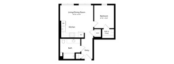 A floor plan of a small apartment with a living room, kitchen, bathroom, and bedroom.