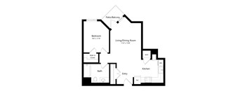 A floor plan of a home with a bedroom, living/dining room, kitchen, bath, and entry.