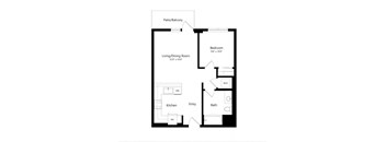 A floor plan of a small apartment with a living room, dining room, kitchen, bathroom, and bedroom.