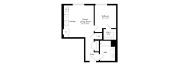 A floor plan of a small apartment with a kitchen, living room, and bathroom.